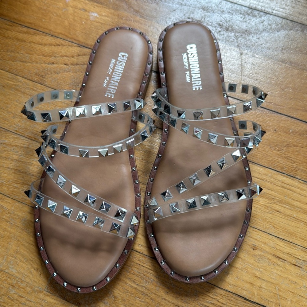 New Cushionaire Toni Sandals Memory Foam Clear Strap Studded Sandals